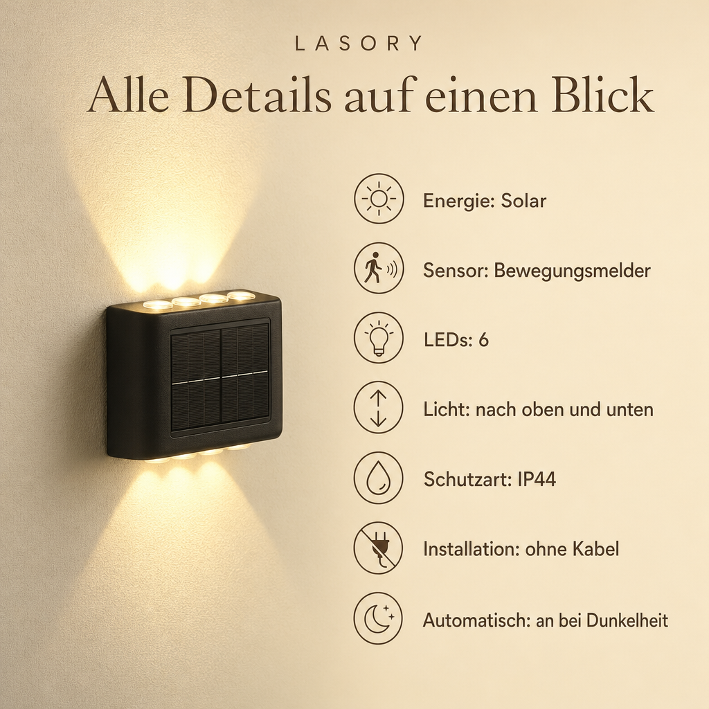 SolarGlow technische Daten: Solar, Bewegungsmelder, 6 LEDs, Licht oben und unten, IP44