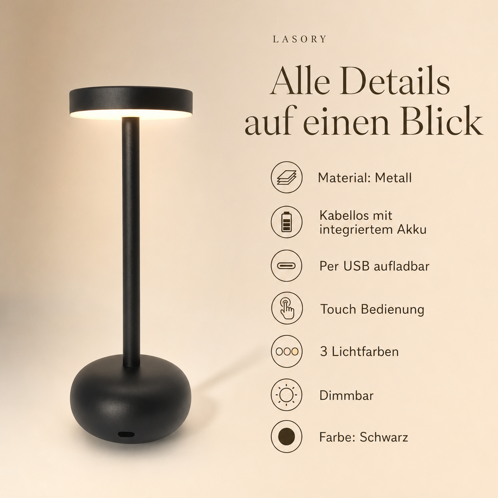 LumiBistro alle Details auf einen Blick: Metall, Akku, USB aufladbar, Touch, 3 Lichtfarben, dimmbar