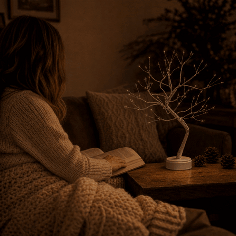 Frau schaltet kabellose LED Lichterbaum Tischlampe am Abend auf dem Sofa ein