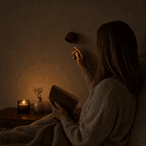 Frau schaltet die EasyLamp Wandleuchte per Touch ein und liest im warmen Licht