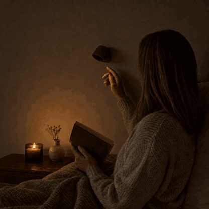 Frau schaltet die EasyLamp Wandleuchte per Touch ein und liest im warmen Licht