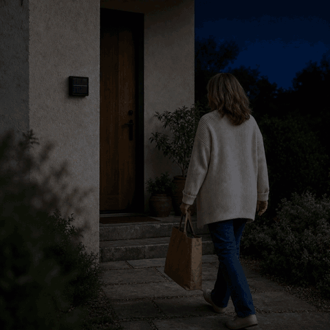 Solar Wandleuchte SolarGlow schaltet sich per Bewegungsmelder ein, als die Frau zur Haustür geht