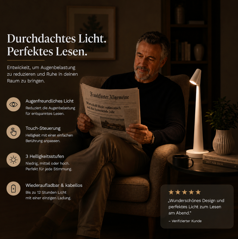 Weiße kabellose Nachttischlampe als Leselampe