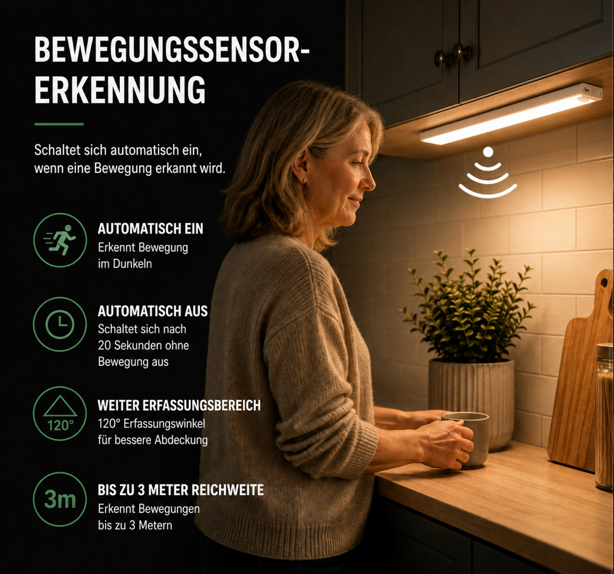 LumiKüche - LED Unterbauleuchte Küche mit Bewegungsmelder - Kabellos Akku und Dimmbar