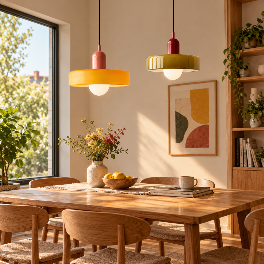 Bauhaus Pendelleuchte aus farbigem Glas – Moderne Designer Hängeleuchte
