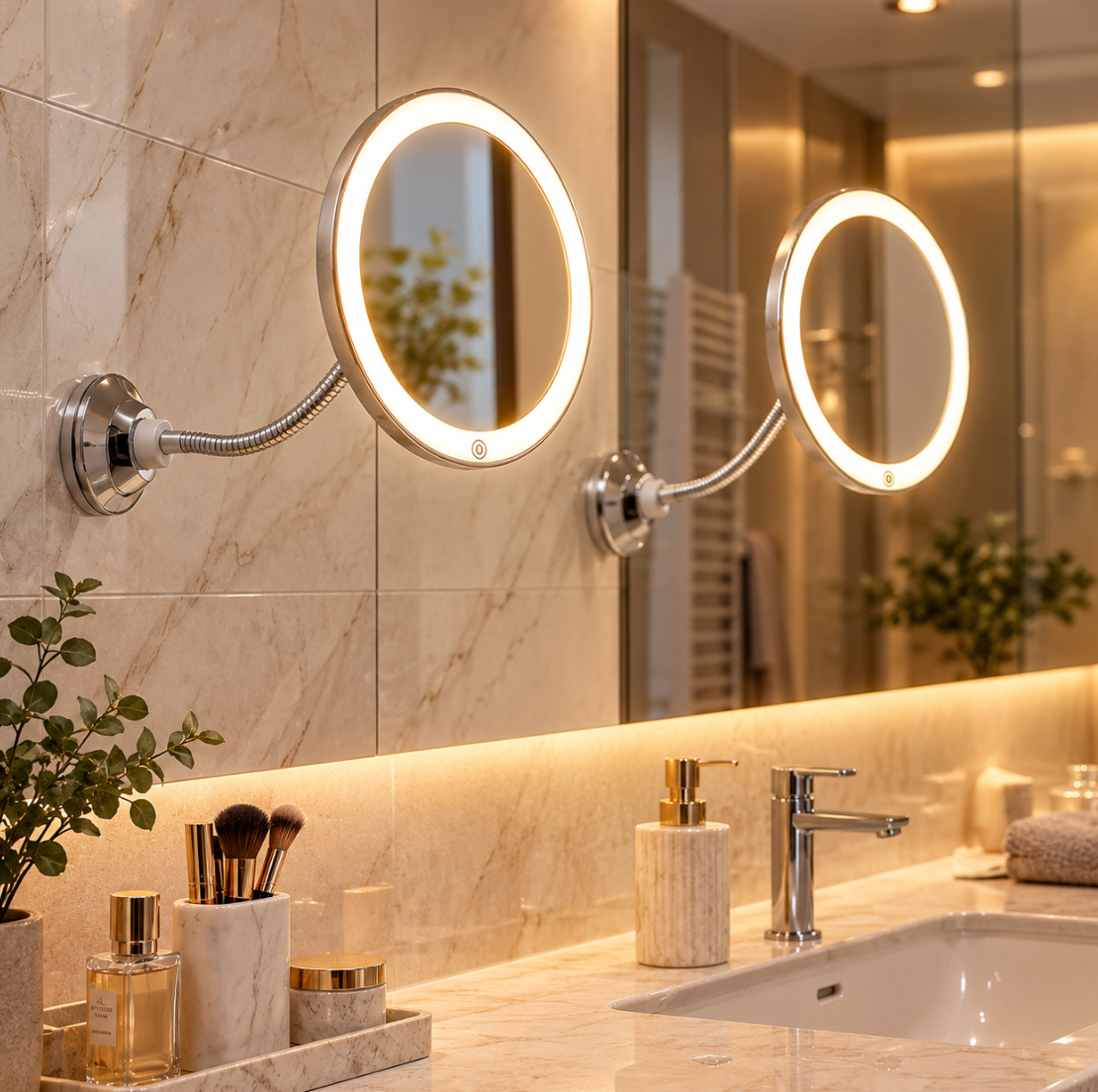 LED Kosmetikspiegel mit Beleuchtung 10-fach Vergrößerung, Flexarm & Saugnapf für Make-up