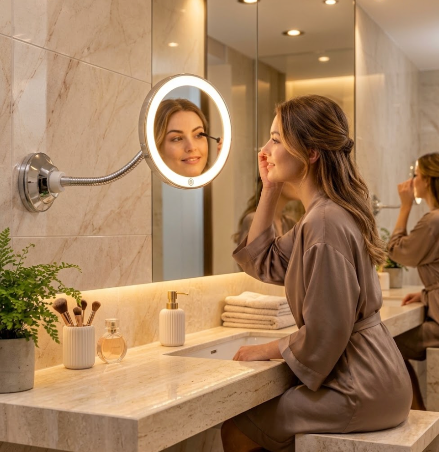 LED Kosmetikspiegel mit Beleuchtung 10-fach Vergrößerung, Flexarm & Saugnapf für Make-up