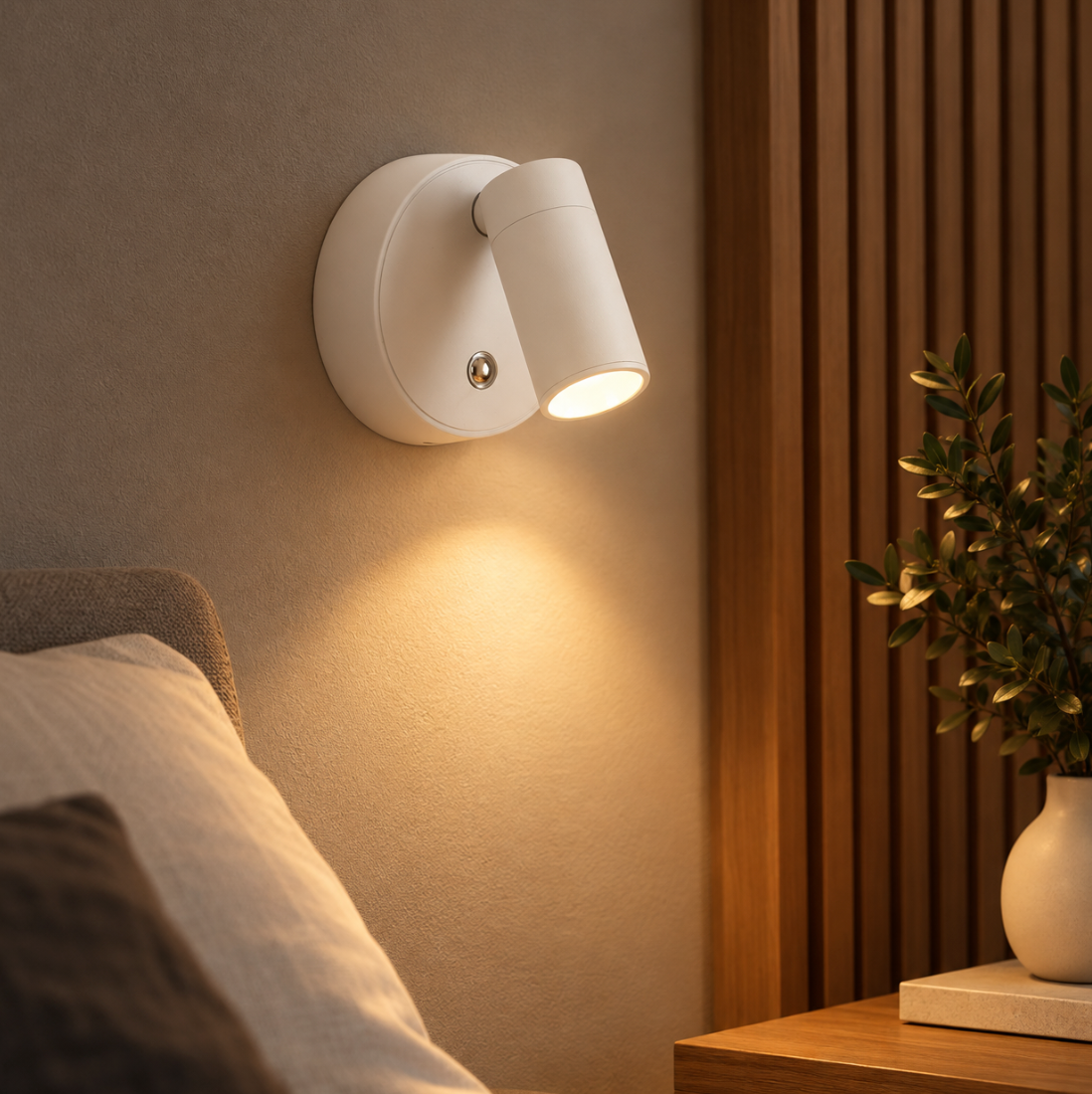 EasyLight cordless LED wall spotlight in white, rechargeable reading light glowing warm above the bed