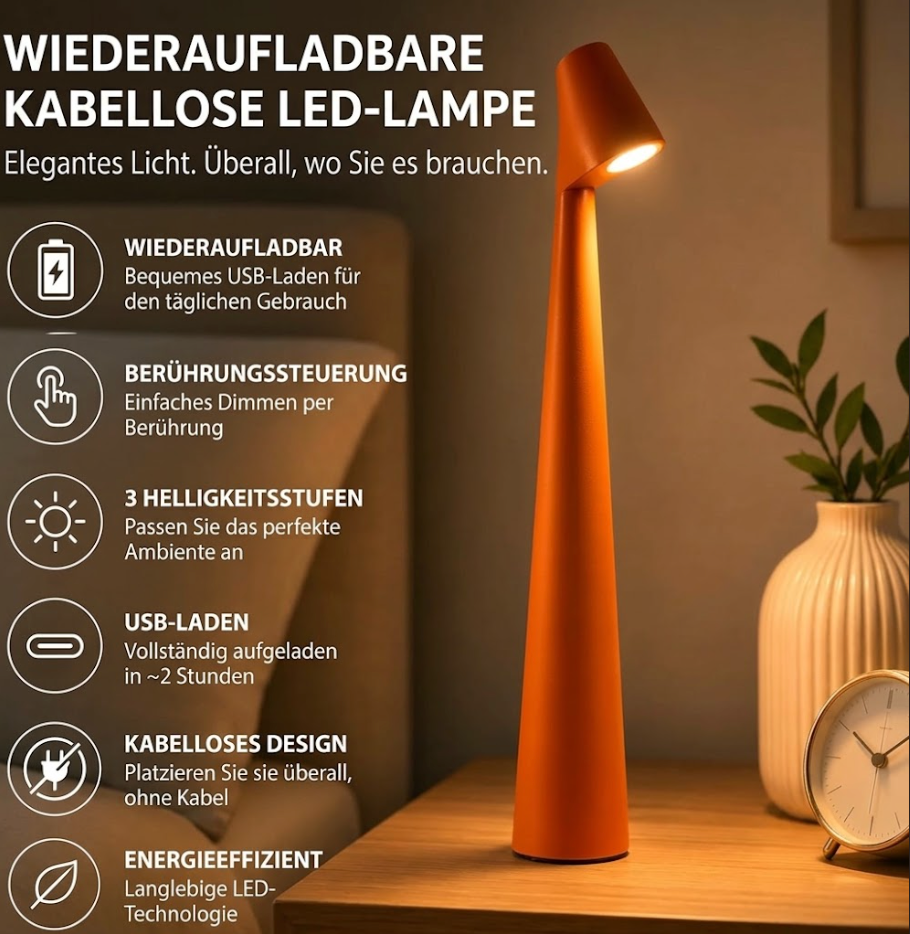 Akku Nachttischlampe - 3-stufig dimmbares Touch Licht | Kabellose LED-Nachttischlampe im nordischen Design
