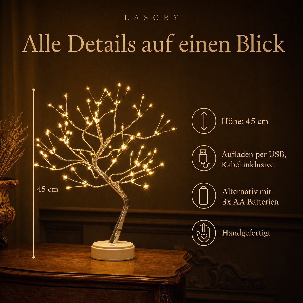 Lichterbaum Tischlampe technische Daten: 45 cm hoch, USB oder 3x AA Batterien, handgefertigt
