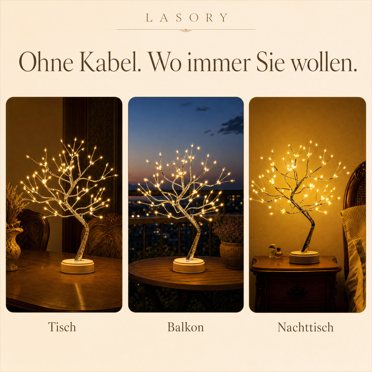 Kabellose Lichterbaum Lampe auf Tisch, Balkon und Nachttisch
