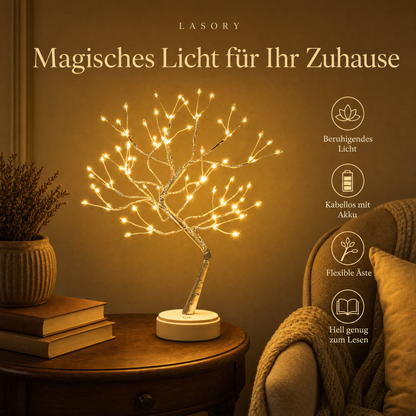 Magischer Lichterbaum LED Tischlampe kabellos mit Akku im Leseecke Ambiente