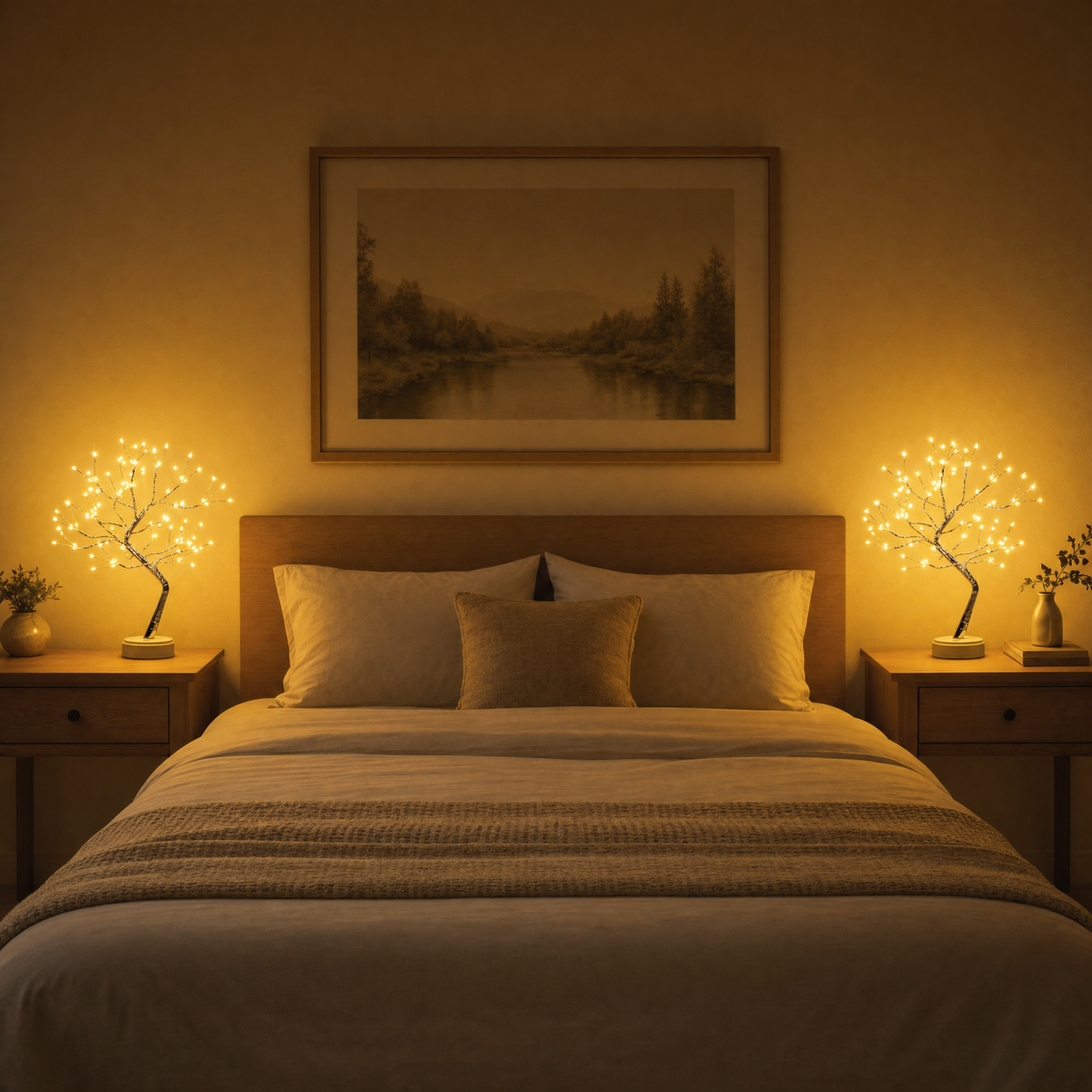 Lichterbaum als Nachttischlampe auf beiden Nachttischen im Schlafzimmer