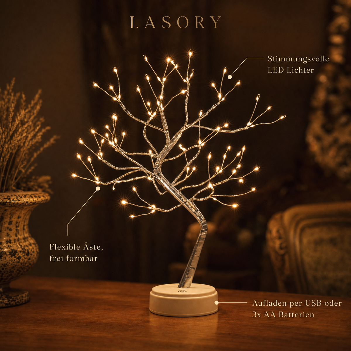 Lichterbaum Detail: flexible Äste, LED Lichter, Aufladen per USB oder 3x AA Batterien