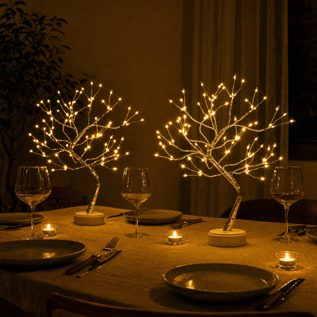 Zwei kabellose Lichterbaum Lampen als Tischdeko auf dem Esstisch