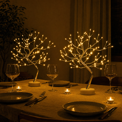 Zwei kabellose Lichterbaum Lampen als Tischdeko auf dem Esstisch
