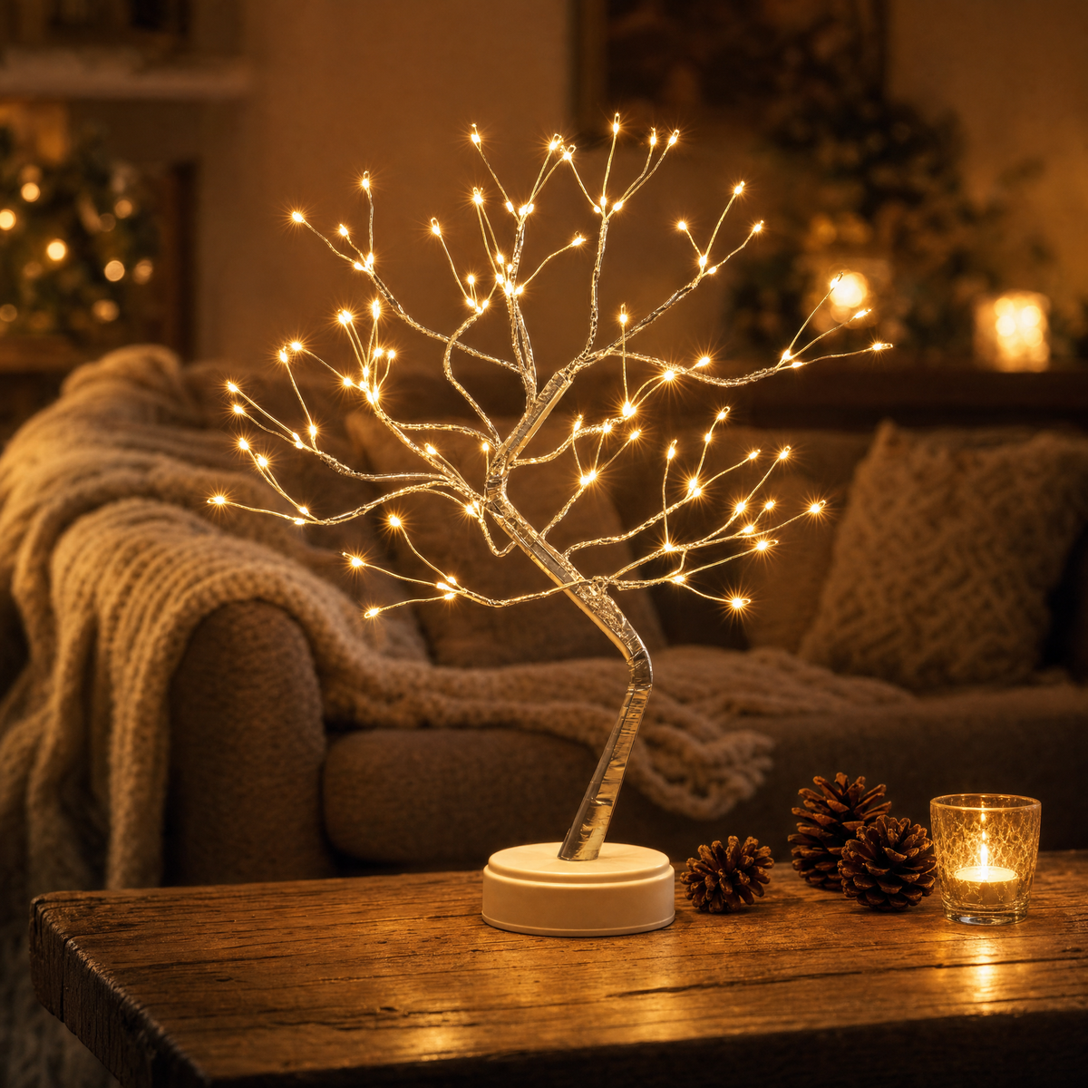 Magischer Lichterbaum LED Tischlampe kabellos im gemütlichen Wohnzimmer