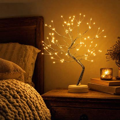 LED Lichterbaum als Nachttischlampe im gemütlichen Schlafzimmer