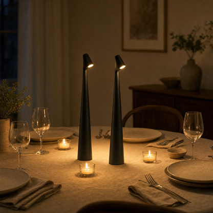 Zwei schwarze kabellose LED Tischlampen auf dem Esstisch