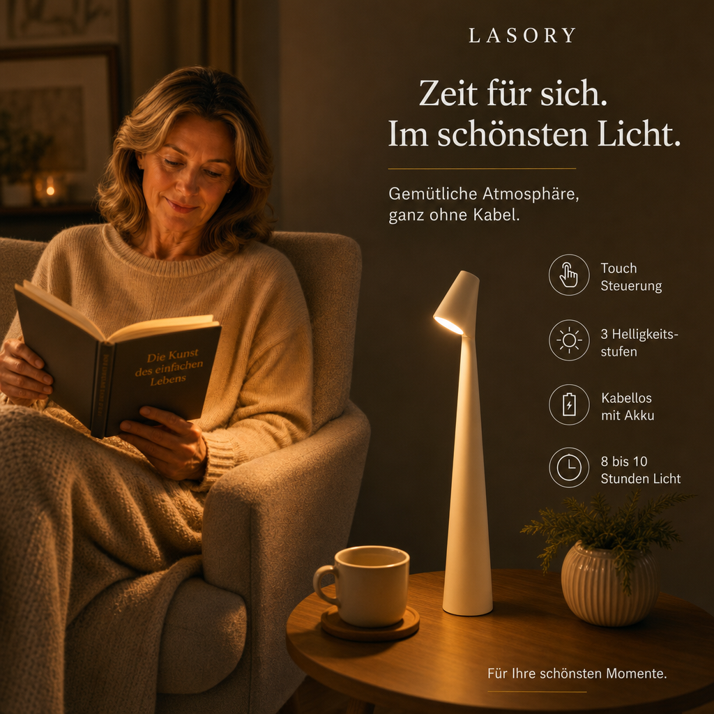 Frau liest im Sessel mit kabelloser LED Tischlampe NordicEleganz, Touch Steuerung und 3 Helligkeitsstufen