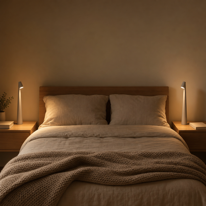 Zwei kabellose Nachttischlampen im gemütlichen Schlafzimmer