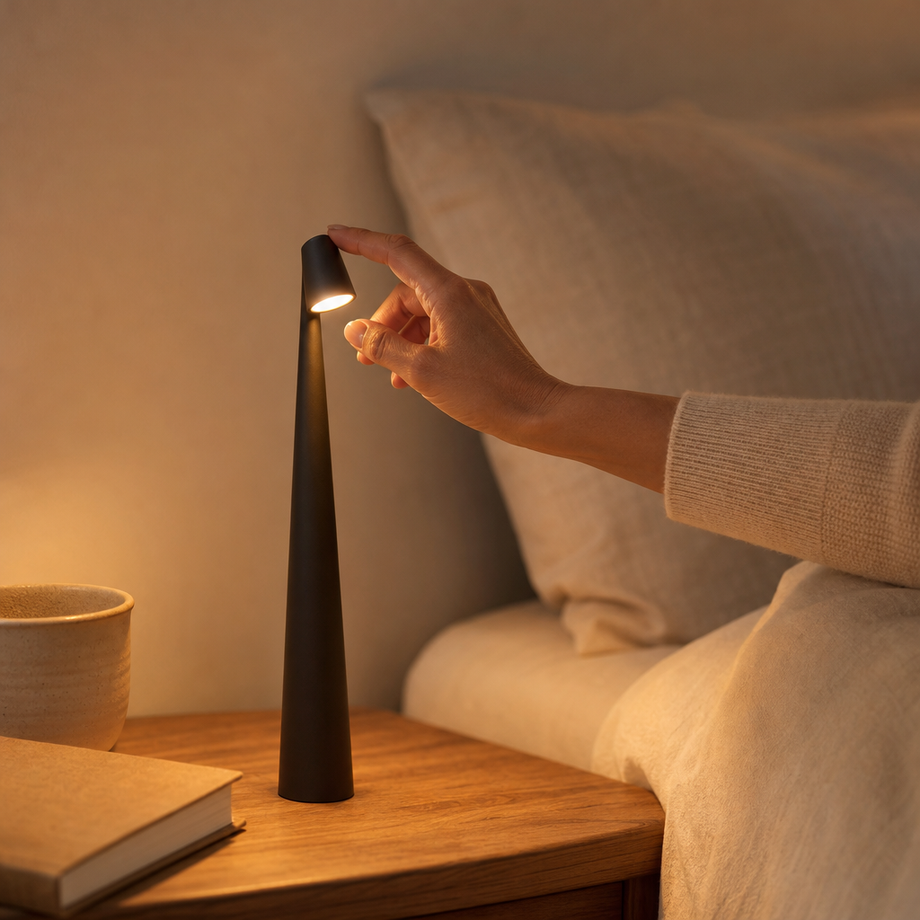 Hand schaltet schwarze kabellose Nachttischlampe per Touch ein