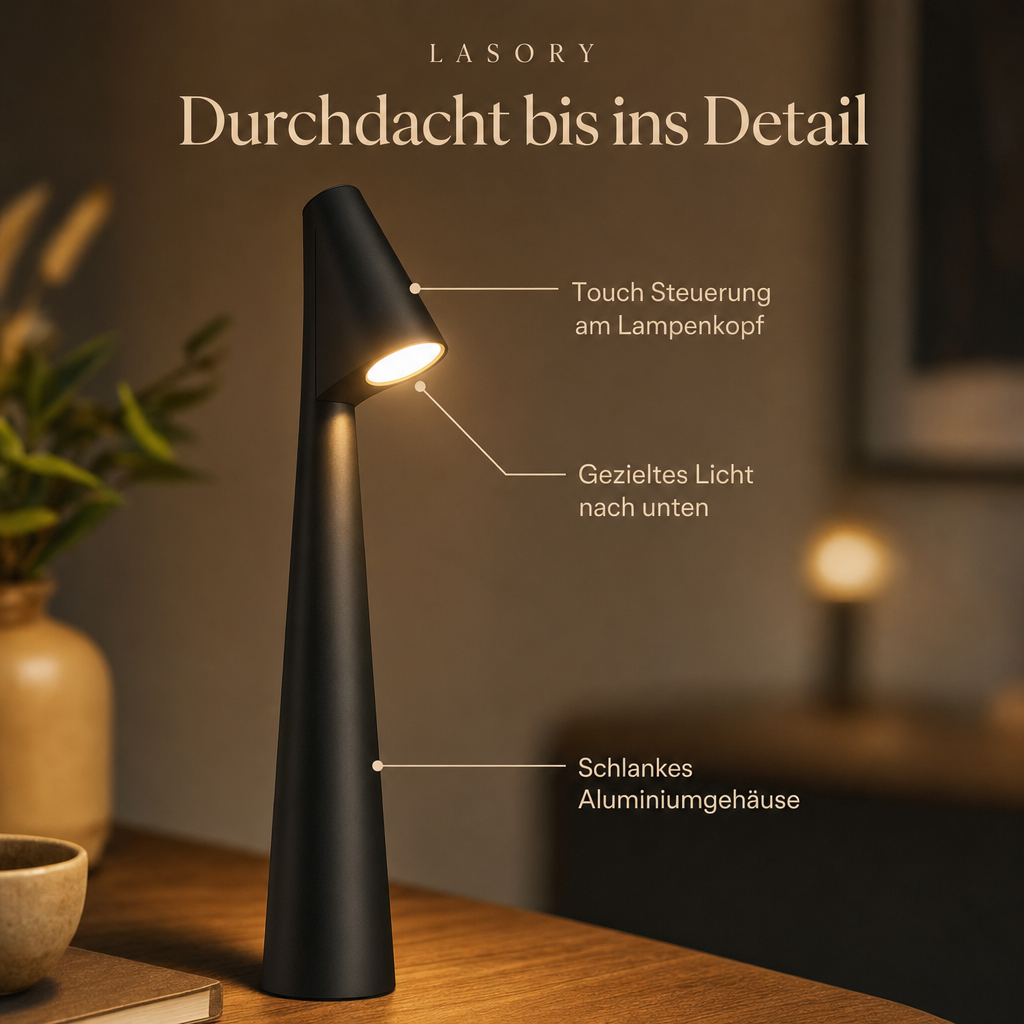 NordLight Tischlampe Detail mit Touch Steuerung am Lampenkopf und Aluminiumgehäuse