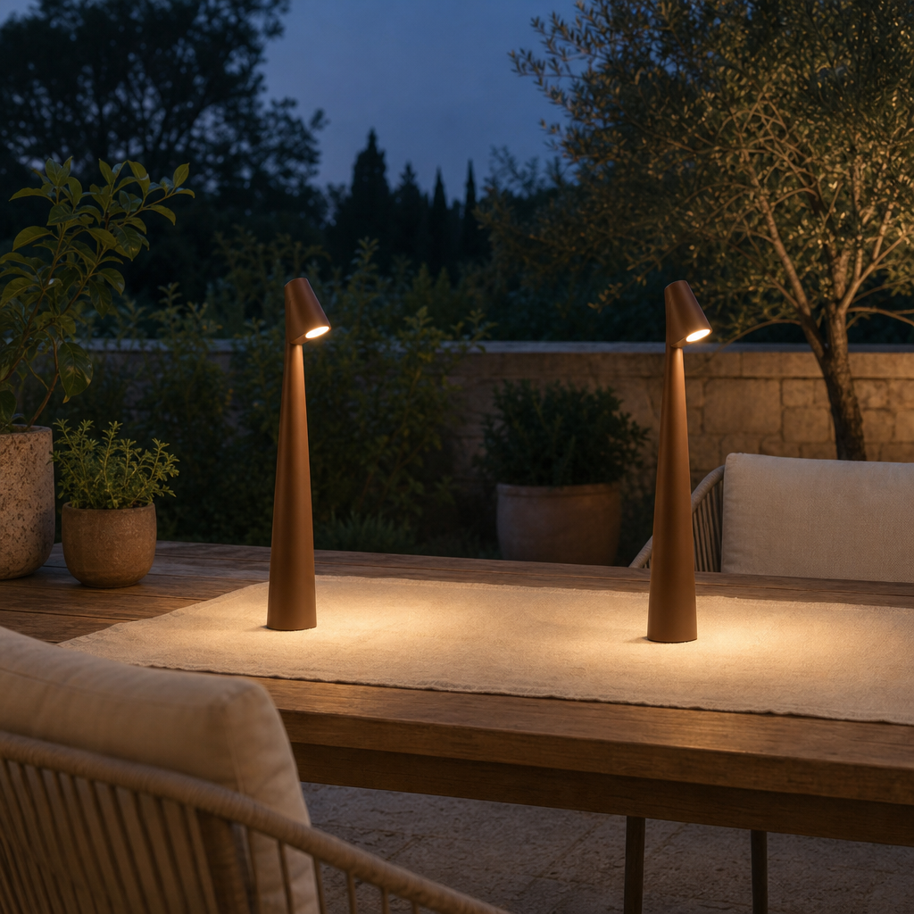 Zwei braune kabellose LED Tischlampen auf der Terrasse am Abend