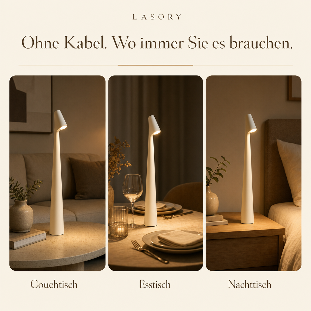 Kabellose LED Tischlampe NordLight auf Couchtisch, Esstisch und Nachttisch