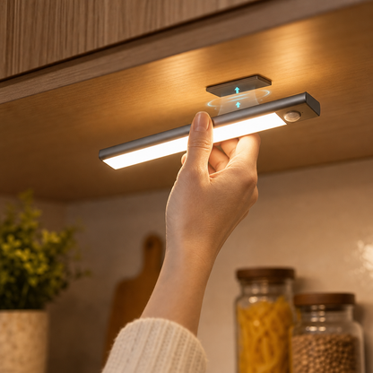 Hand setzt kabellose LED Unterbauleuchte auf die Magnethalterung unter dem Küchenschrank