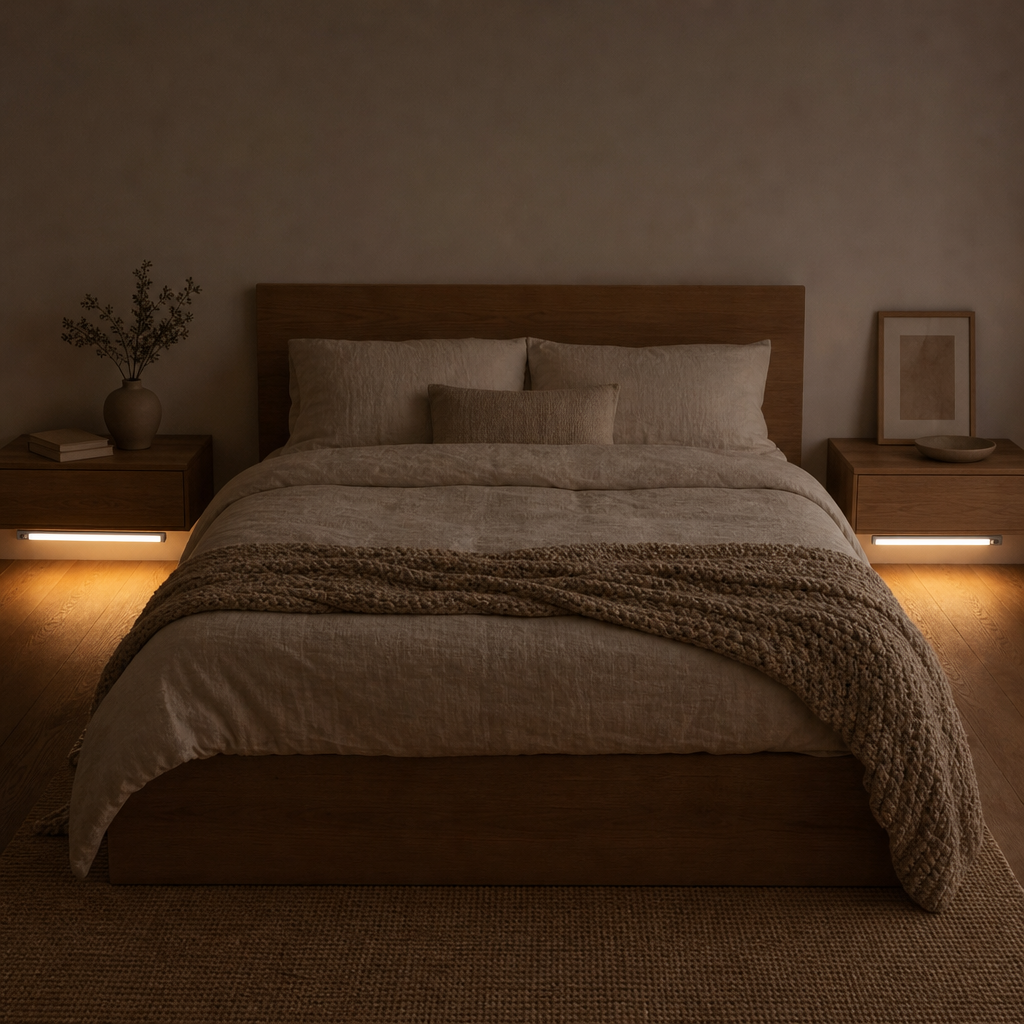 Kabellose LED Leisten als Nachtlicht unter den Nachttischen im Schlafzimmer