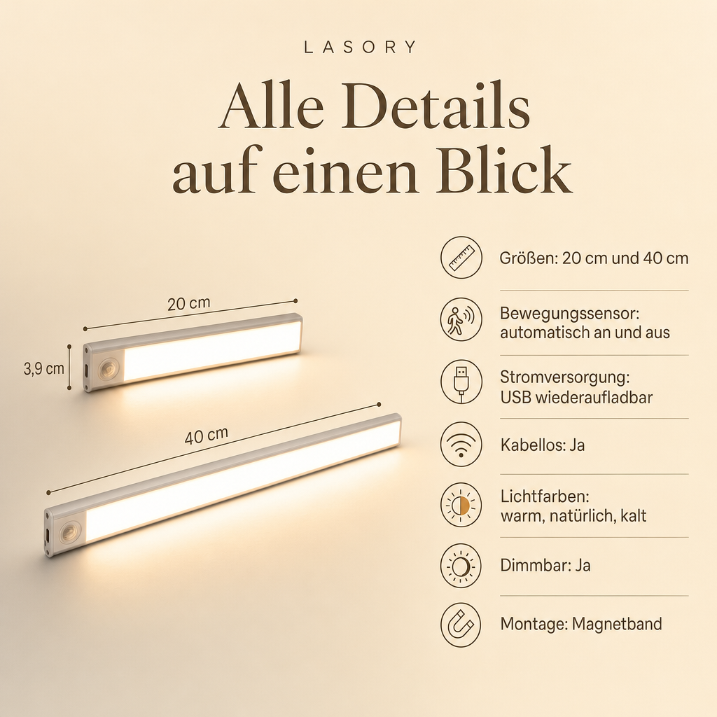 LazyStick technische Daten: 20 cm und 40 cm, Bewegungssensor, USB wiederaufladbar, dimmbar, Magnetband