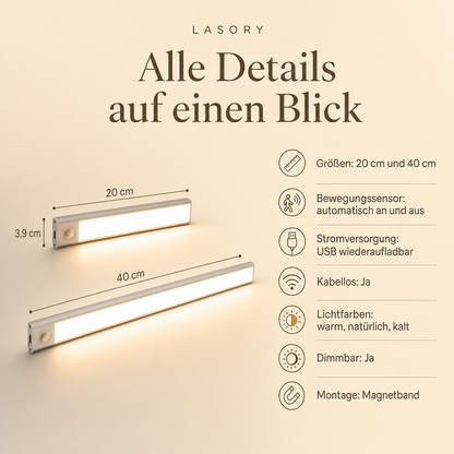 LazyStick technische Daten: 20 cm und 40 cm, Bewegungssensor, USB wiederaufladbar, dimmbar, Magnetband
