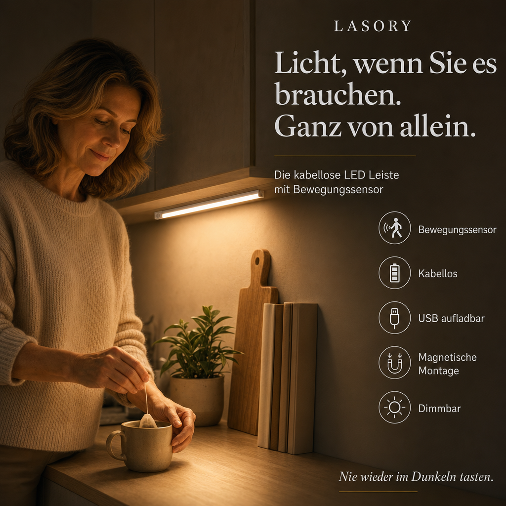 Frau in der Küche unter der LazyStick LED Unterbauleuchte mit Bewegungssensor, kabellos und USB aufladbar