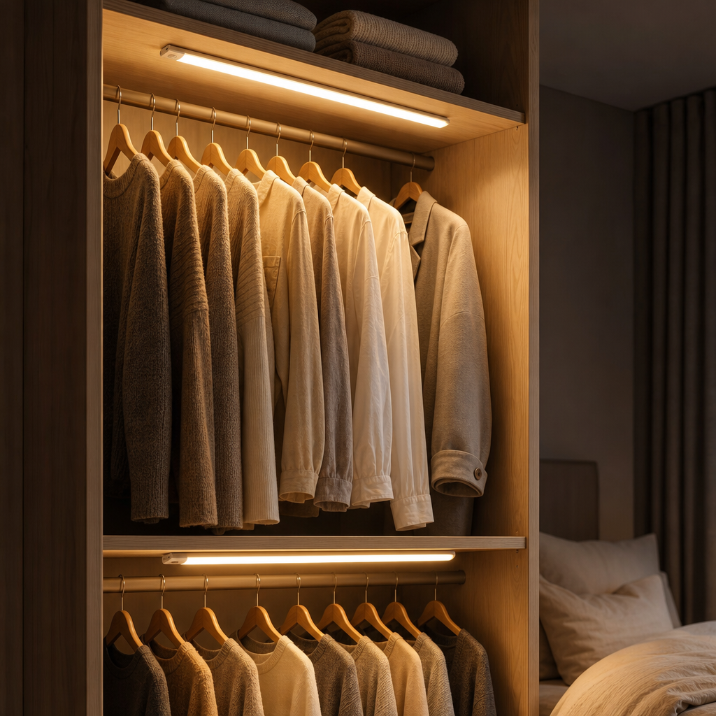 Zwei LazyStick Schrankleuchten mit Bewegungssensor im Kleiderschrank
