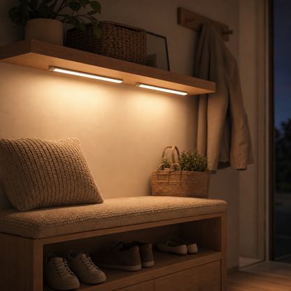 Zwei LazyStick LED Leisten unter dem Wandregal im Flur über der Schuhbank