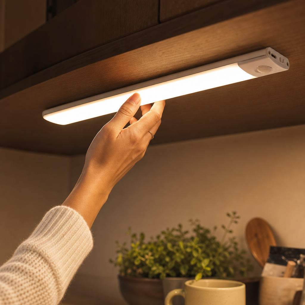 Hand bringt die LazyStick LED Leiste magnetisch unter dem Küchenschrank an