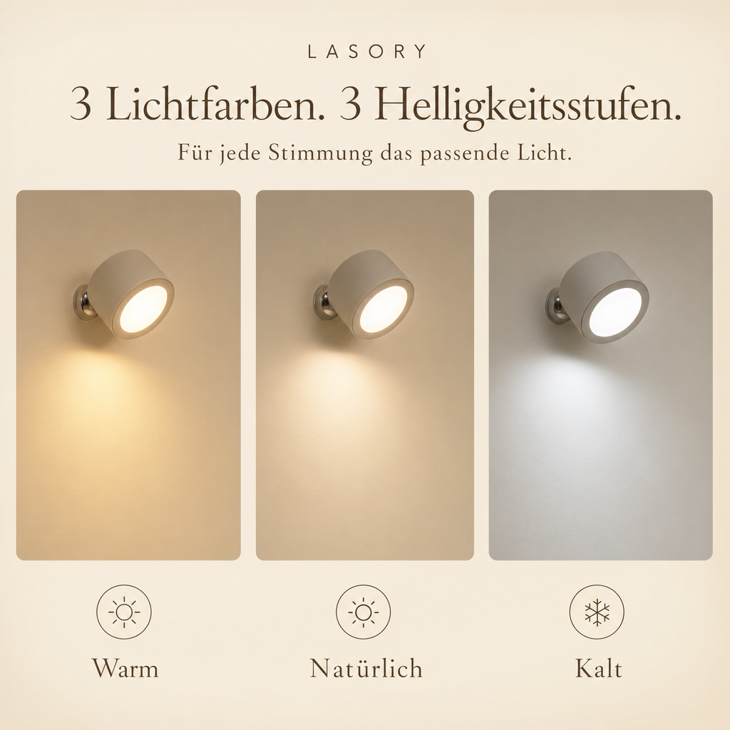 EasyLamp mit 3 Lichtfarben warm, natürlich und kalt und 3 Helligkeitsstufen