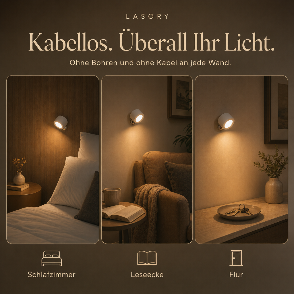 Kabellose Wandleuchte EasyLamp im Schlafzimmer, in der Leseecke und im Flur