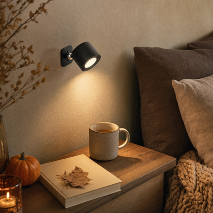 Kabellose LED Wandleuchte EasyLamp in Schwarz mit Magnet und Akku am Bett