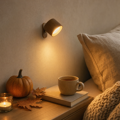 Kabellose LED Wandleuchte EasyLamp in Holzoptik mit Magnet und Akku am Bett