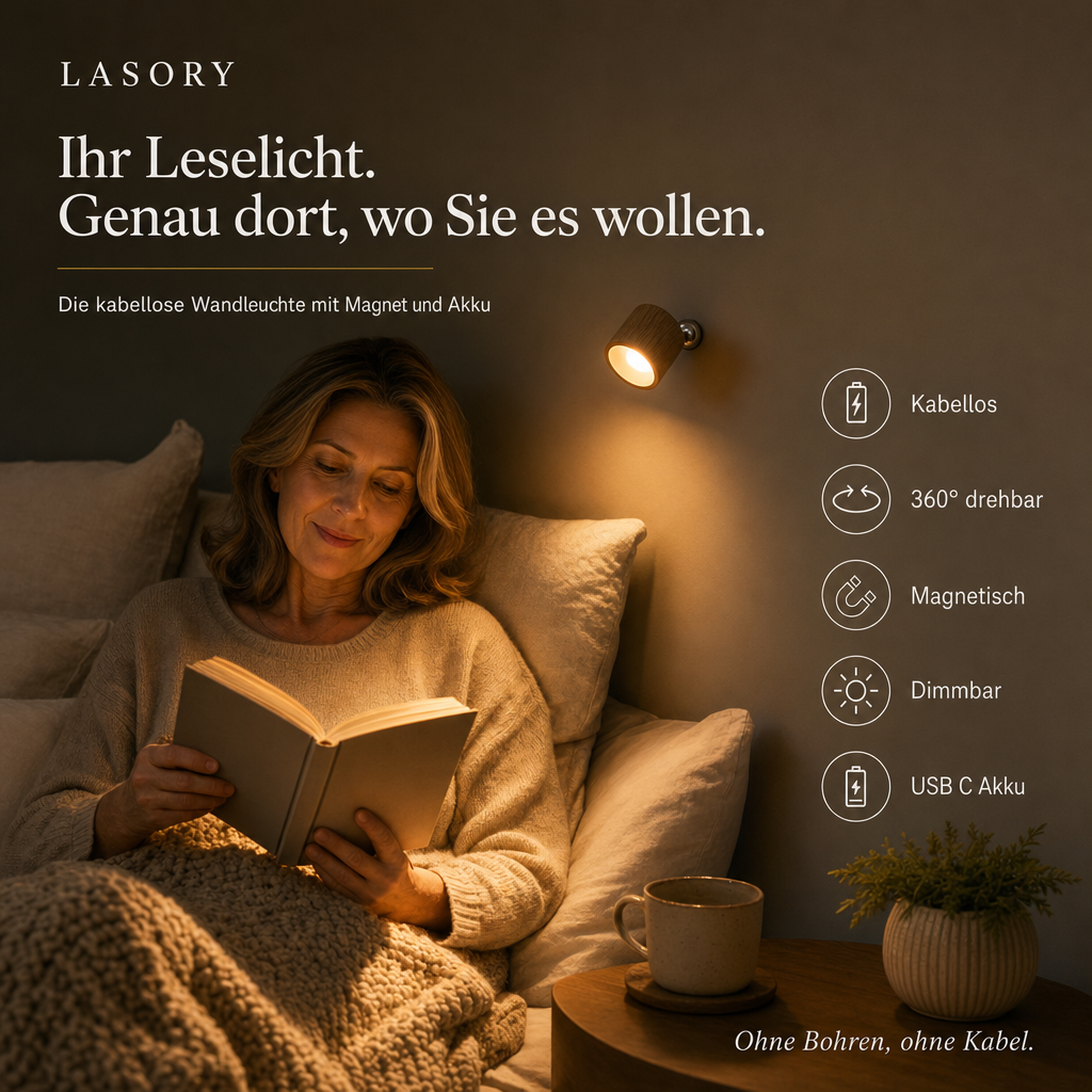 Frau liest im Bett unter der kabellosen Wandleuchte EasyLamp, 360 Grad drehbar und dimmbar