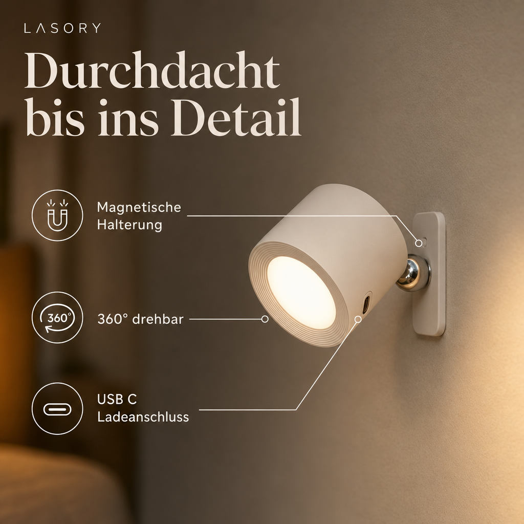 EasyLamp Details: magnetische Halterung, 360 Grad drehbar, USB C Ladeanschluss