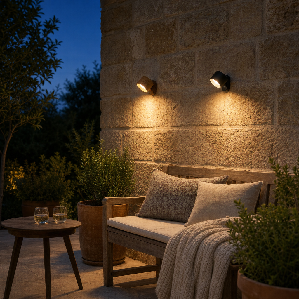 Zwei kabellose EasyLamp Wandleuchten an der Hauswand auf der Terrasse in der Dämmerung