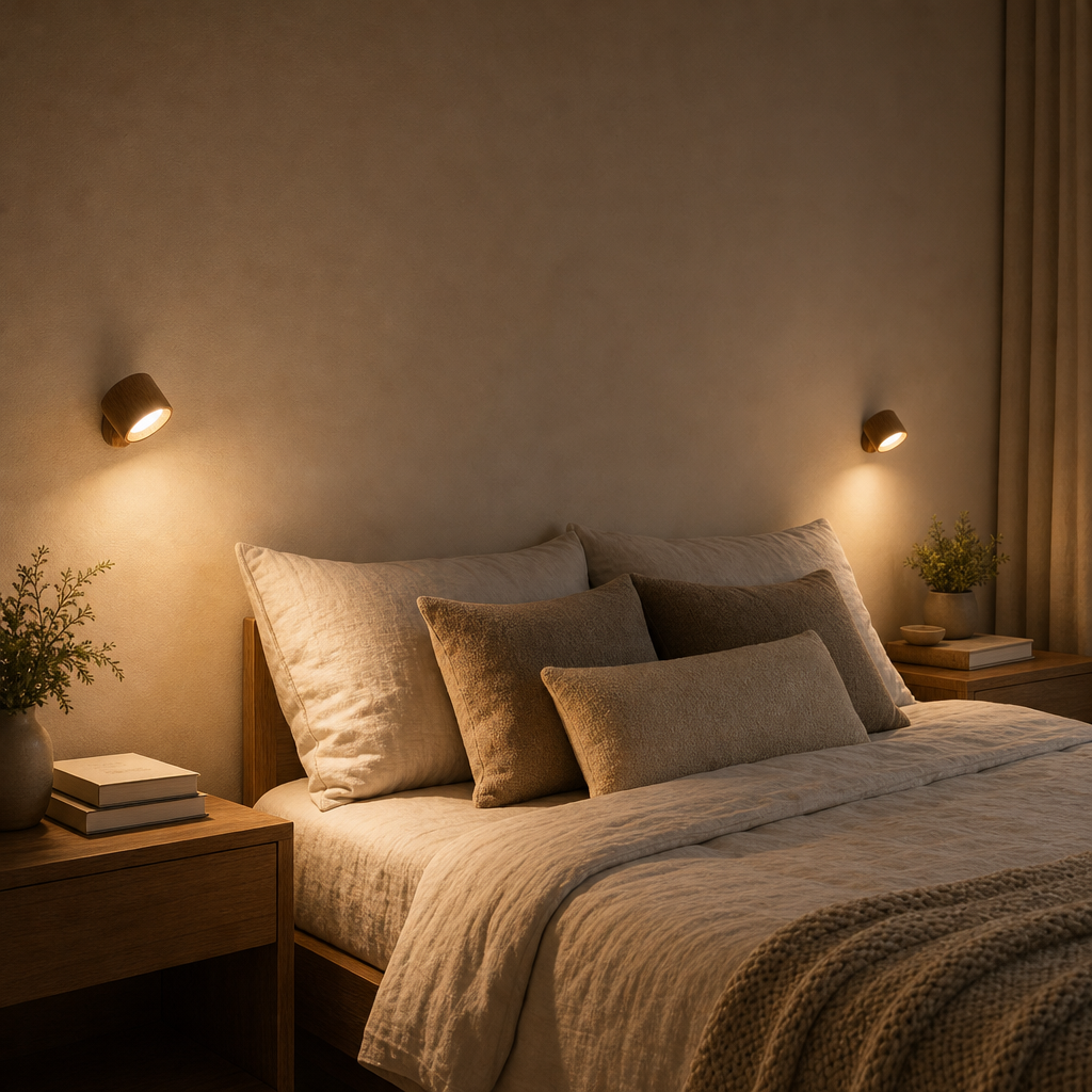 Zwei kabellose Wandleuchten EasyLamp in Holzoptik als Leselampen links und rechts vom Bett