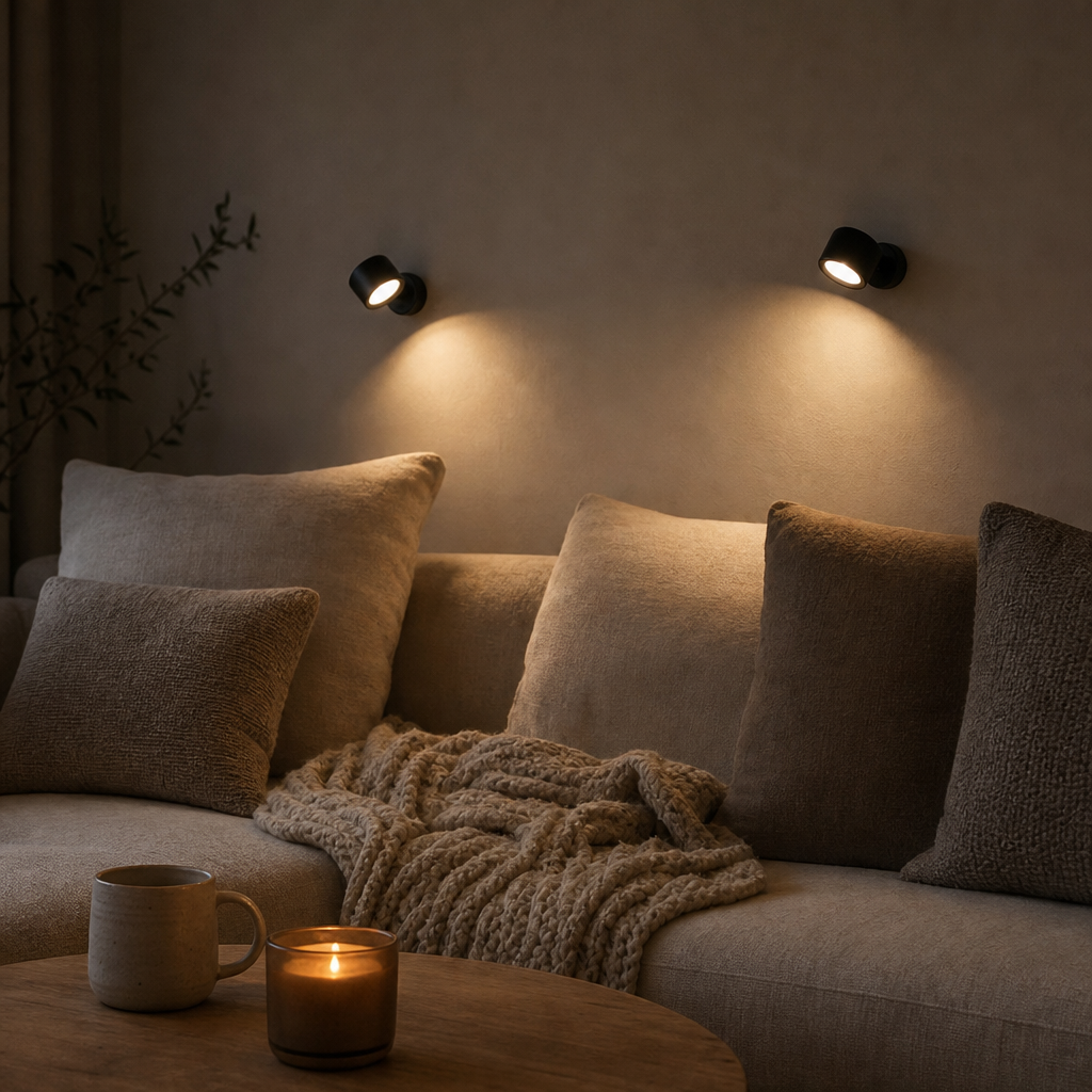 Zwei schwarze EasyLamp Wandleuchten über dem Sofa im gemütlichen Wohnzimmer