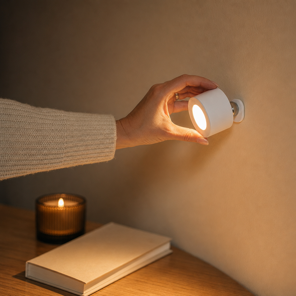 Hand setzt die kabellose EasyLamp auf die magnetische Wandhalterung
