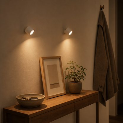 Zwei weiße EasyLamp Wandleuchten im Flur über der Konsole