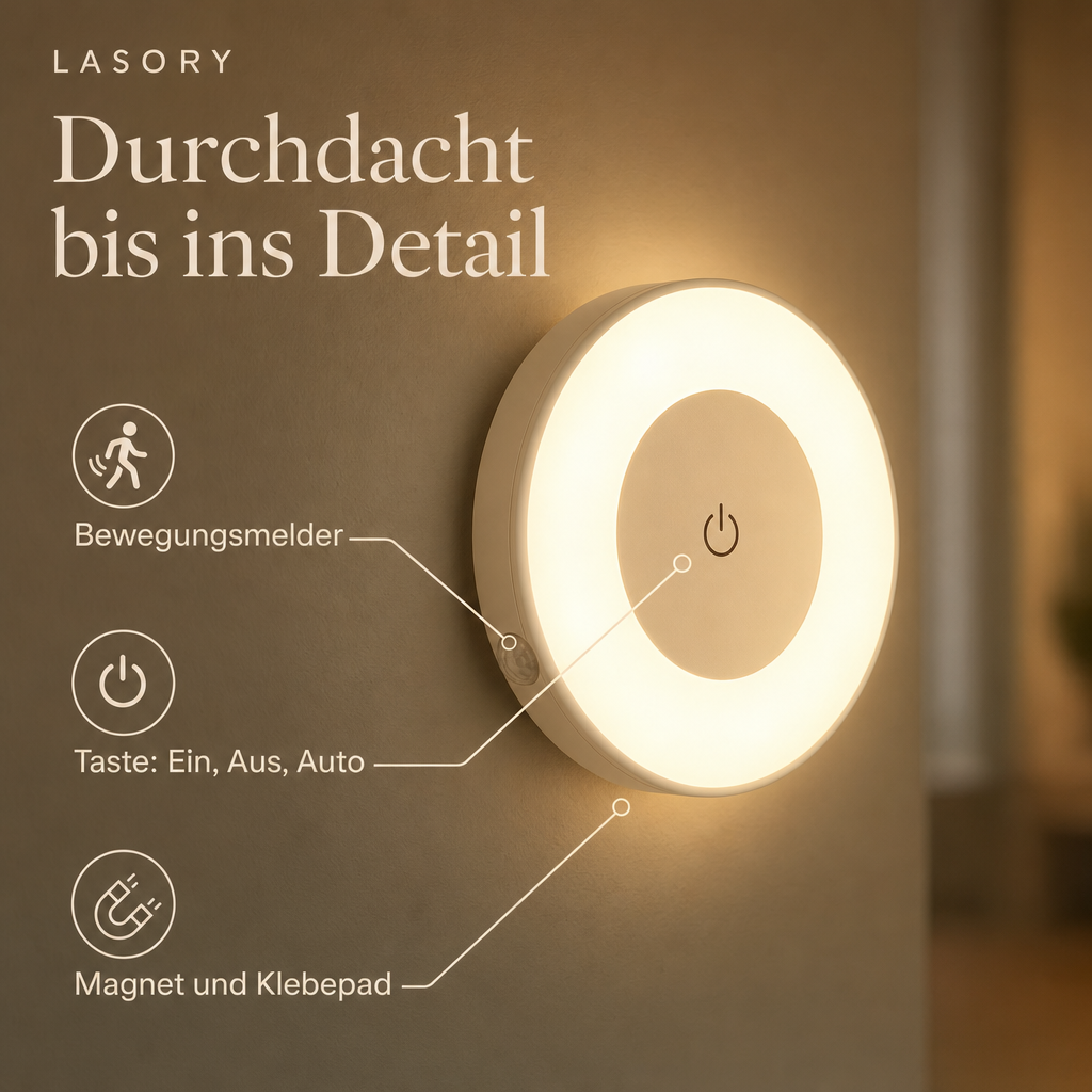 LumiBeam Details: Bewegungsmelder, Taste Ein Aus Auto, Magnet und Klebepad