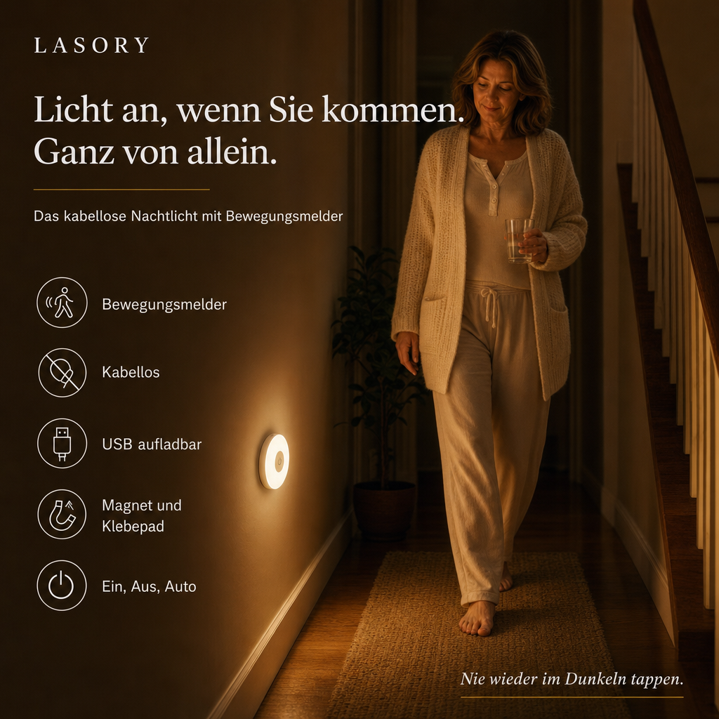 Frau geht nachts durch den Flur, das kabellose LumiBeam Nachtlicht mit Bewegungsmelder geht automatisch an